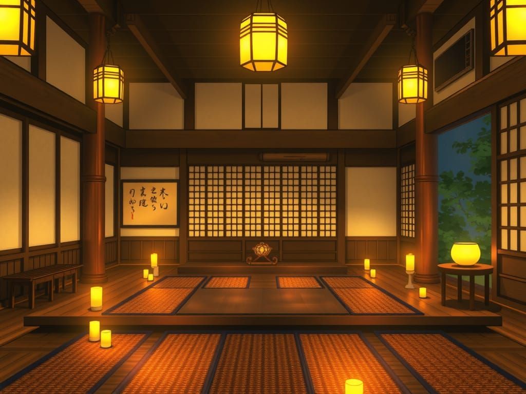 1024x768 cozy anime dojo room at night Japanese Dojo at T