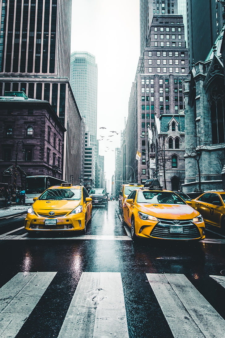 728x1092 HD wallpaper: yellow taxi cab, skyscrapers, city, traffic, car, street, new York City