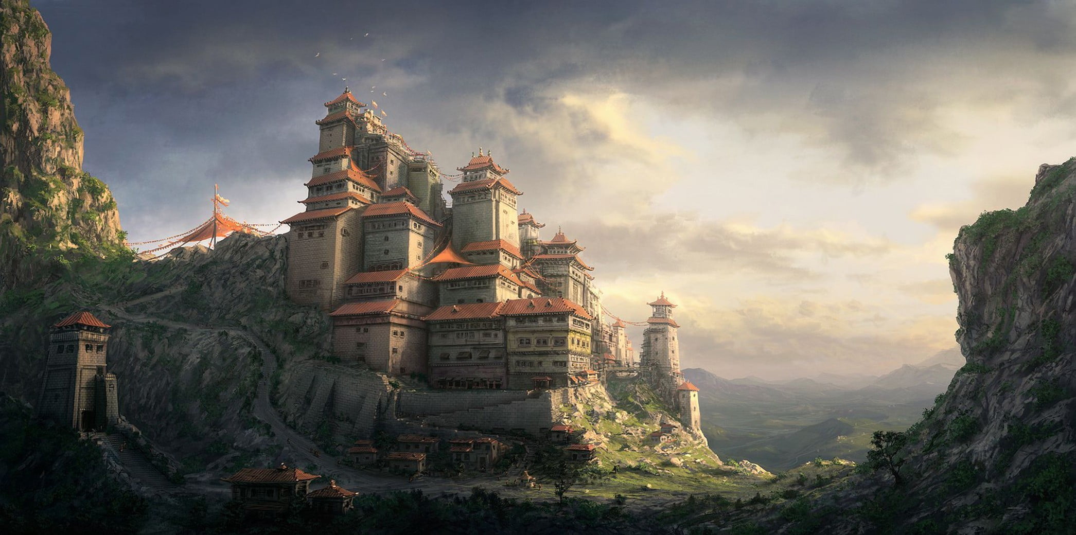 2091x1040 Castle on mountain digital wallpaper, artwork, Chinese, fantasy art, cliff HD wallpaper