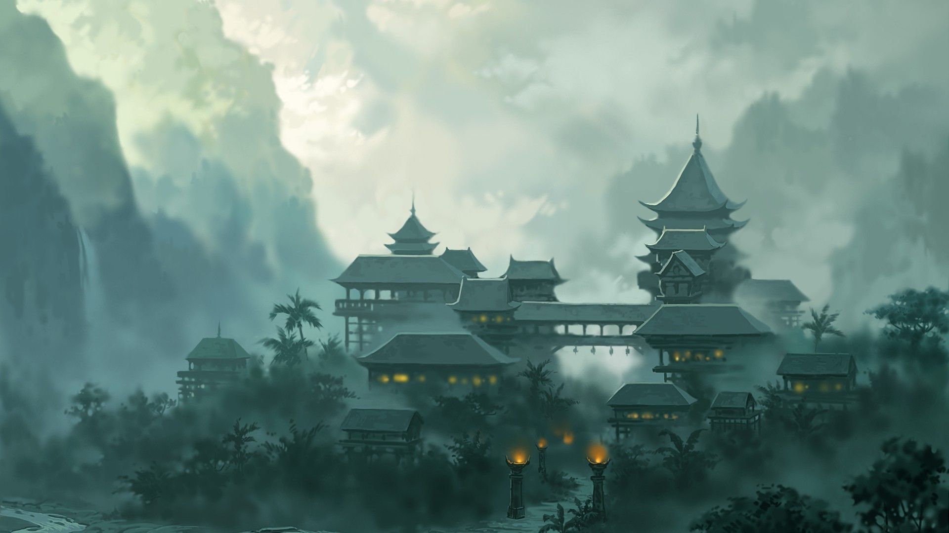 1920x1080 Chinese Temple In The Evening In The Light Of