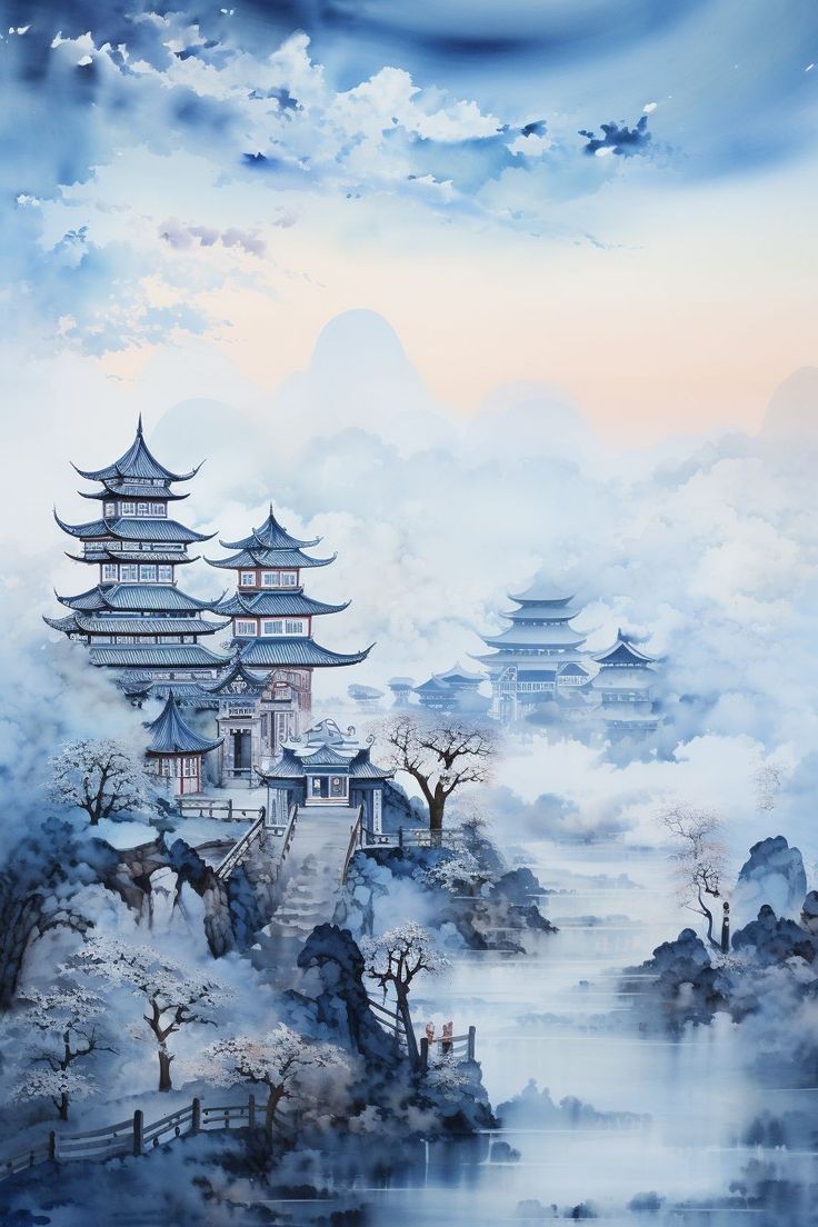 736x1104 Snowy temple with mountain background. Snowy mountain temple view, Snowy mountain with pagoda, Chinese landscape