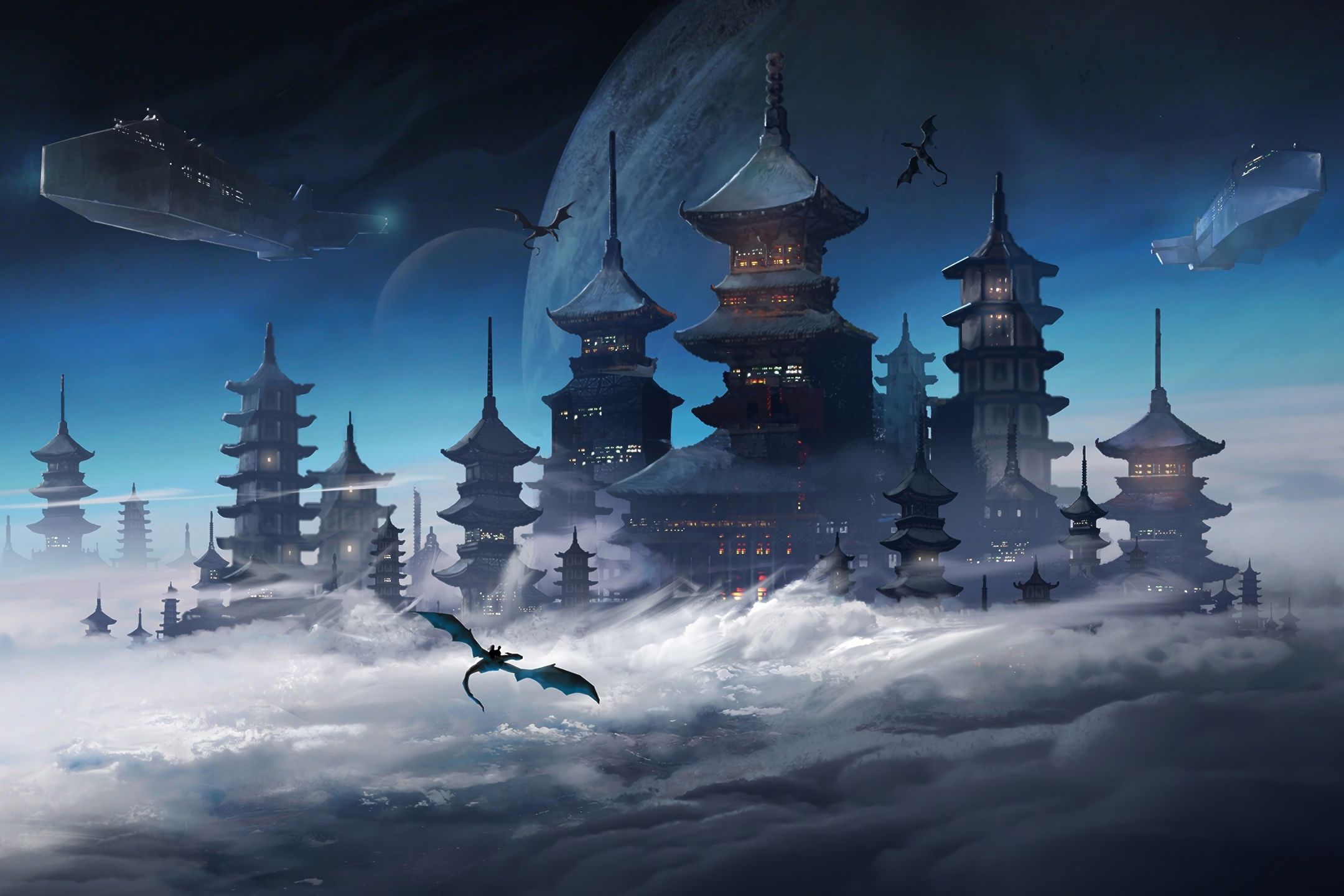 2160x1440 Desktop wallpaper: Japanese, Sci Fi, Fantasy, City, Spaceship, Castle, Building, Dragon, Cloud 4K free download for PC. 1348882