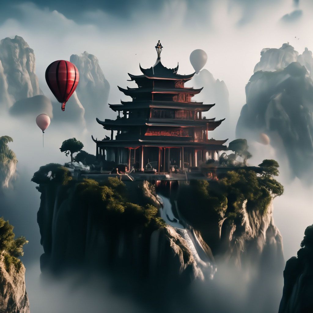 1024x1024 Flying islands, Chinese castle, fog, 3 balloons in the background, soft