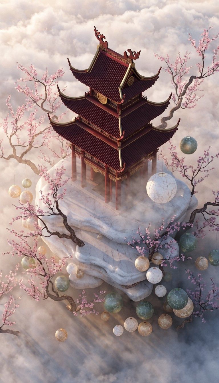 768x1344 Free Misty Temple Dawn Image, Pagoda, Chinese