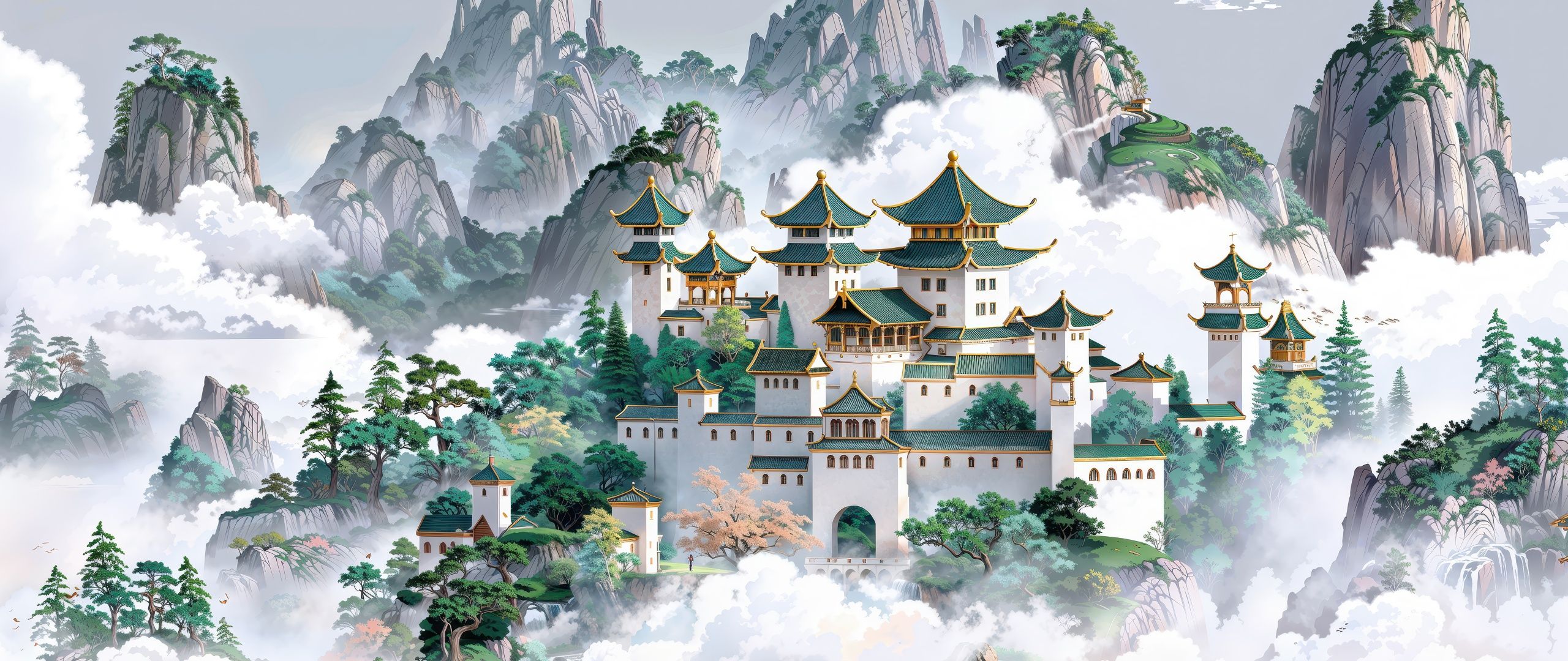 2560x1080 Chinese architecture Wallpaper 4K, Temple, Clouds, Mountains, Asian
