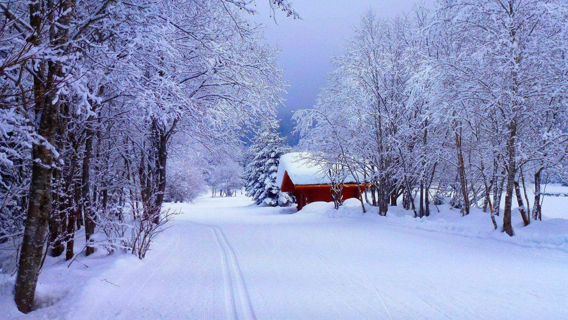 1920x1082 Snowy Road to the Red Cabin