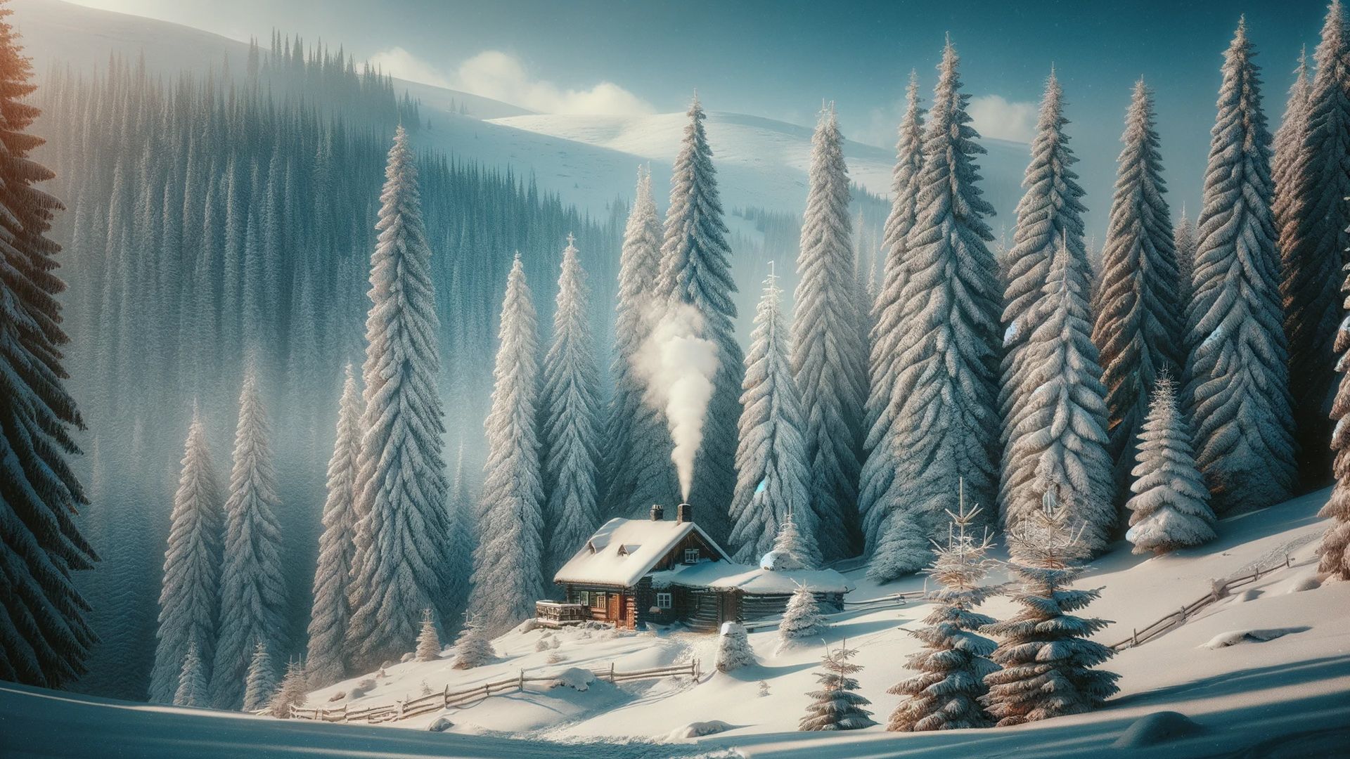 1920x1080 Pictureque Winter Scene Mountains Tall Pine Trees Heavy Snow Nestled Snowy Trees Smoke Clouds Blue Sky HD Nature Wallpaper