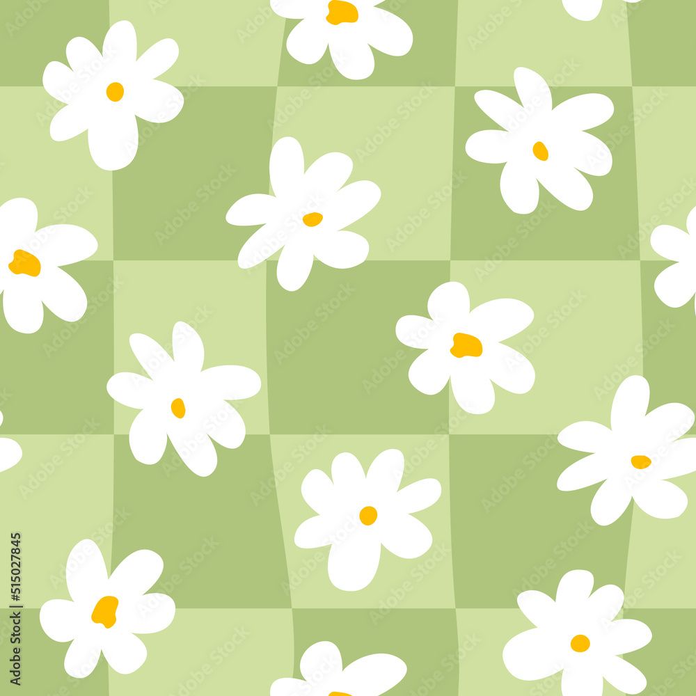 1000x1000 Cute Hippie And Groovy Seamless Pattern With White Daisy Flowers And Green Distorted Checkerboard. Fashionable Background In 00s, 90s, Y2k Style. Stock Vektor