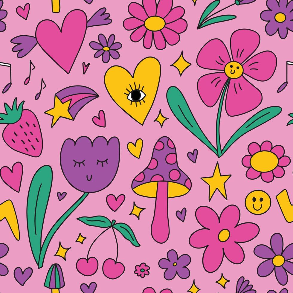 980x980 Seamless pattern background with many small cute kawaii y2k doodle elements chamomile flowers, psychedelic trippy groovy mushrooms, hearts, stars, sun, cherry, strawberry. cool vector