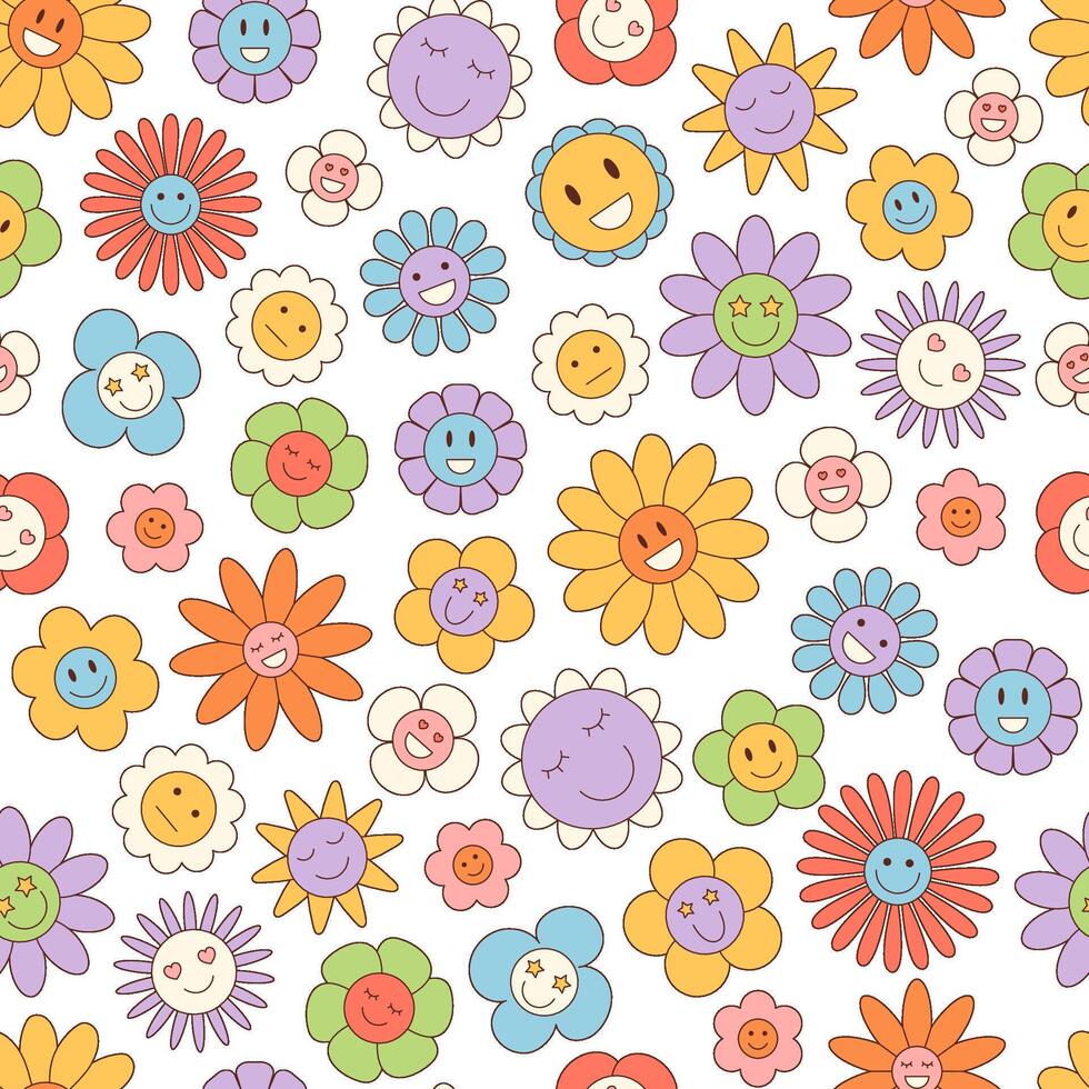 980x980 Groovy y2k floral cartoon background with happy seamless flower and colorful daisy smiley pattern. Cute retro style creates a playful and fun mood for wallpaper, print, or fabric. 70399210 Vector Art