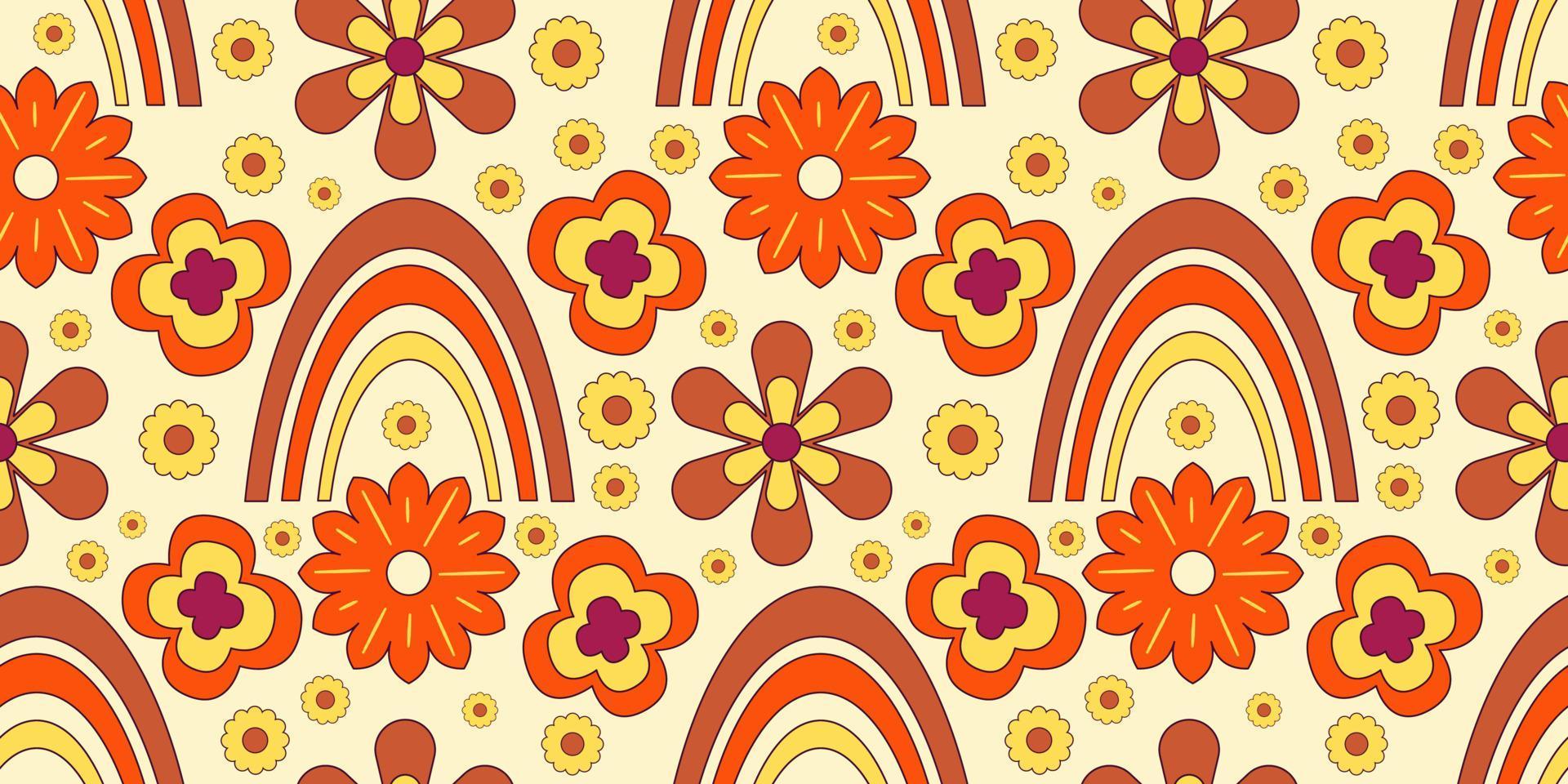 1920x960 Groovy y2k retro seamless pattern with flower and rainbow. Retro vector illustration. Groovy flower background. Colorful hippie seamless pattern illustration