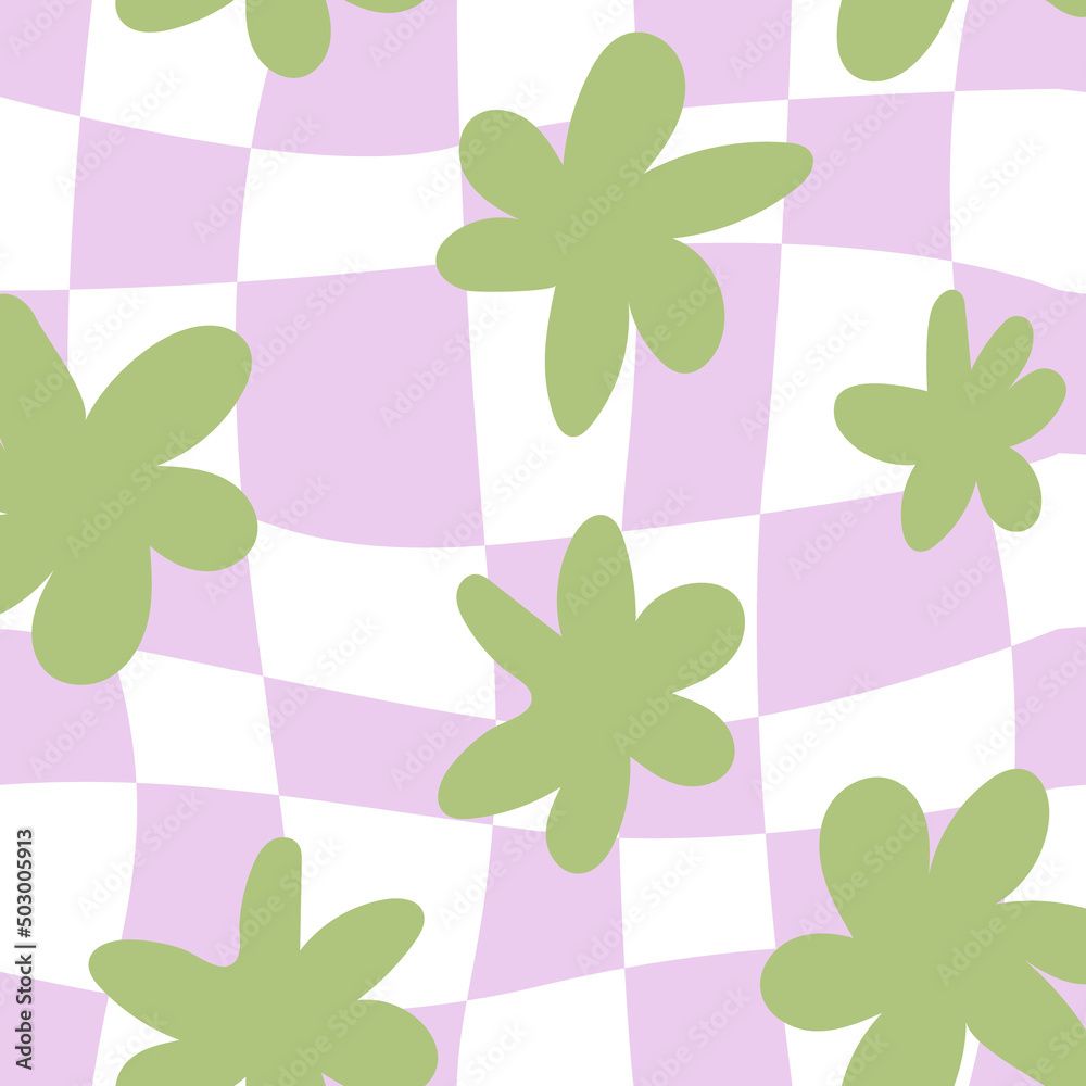 1000x1000 Cute daisy green flowers on the distorted cage background. Groovy vector seamless pattern in y2k aesthetic. 90s, 00s style. Retro blossom backdrop Stock Vector