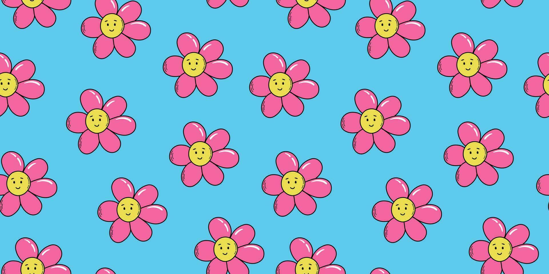 1920x960 Cool groovy flower pattern in y2k style. Trendy smiling chamomiles background. Doodle style vector illustration