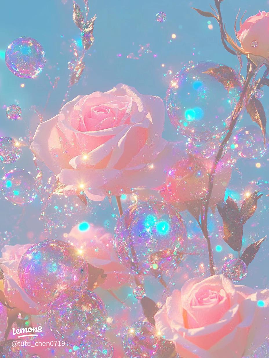 928x1232 Sparkling Y2K Pink Rose & Bubble Aesthetic Wallpaper