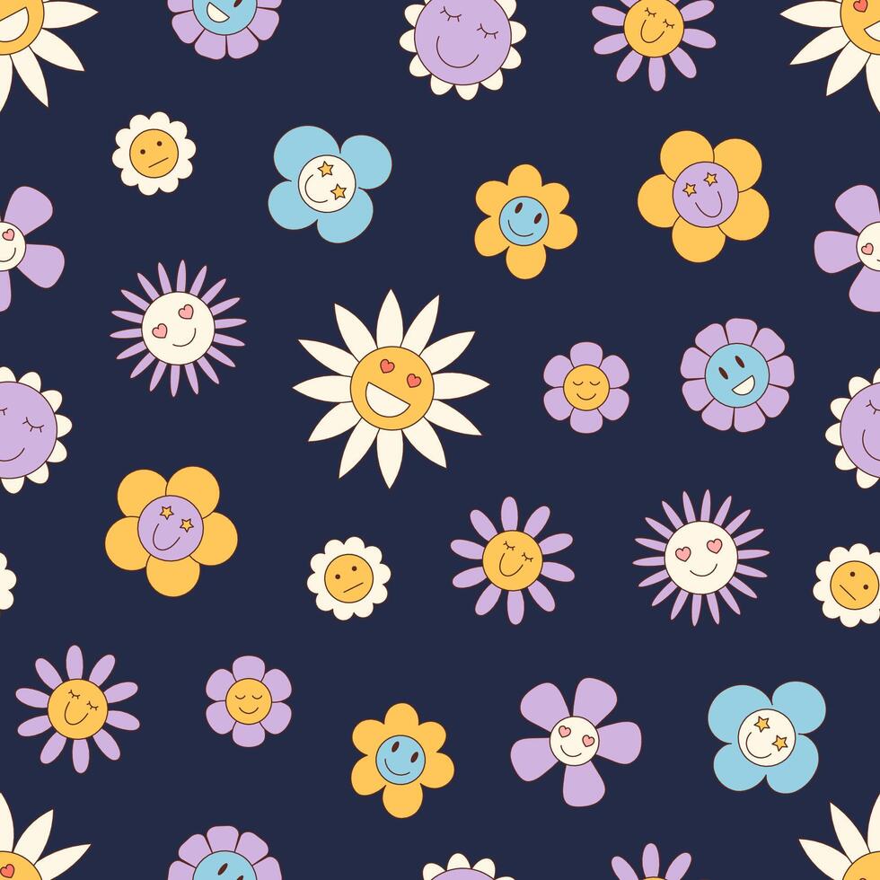 980x980 Groovy retro seamless cartoon floral pattern. Colorful daisy and smiley flower motif with happy vibes. Y2k background and fun pattern for joyful wallpaper spring design concepts