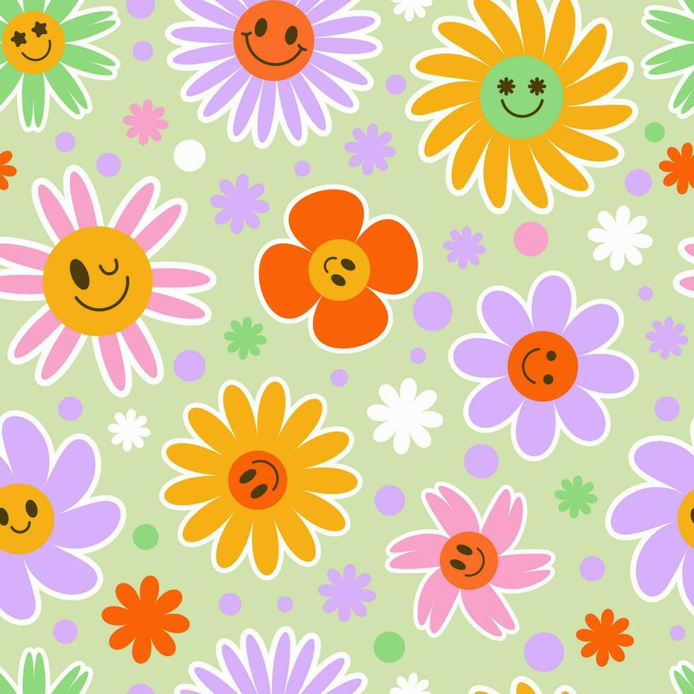 980x980 Groovy flower seamless pattern. Y2k floral smile background. Cartoon retro daisy print with funny faces. Vector trendy aesthetic illustration