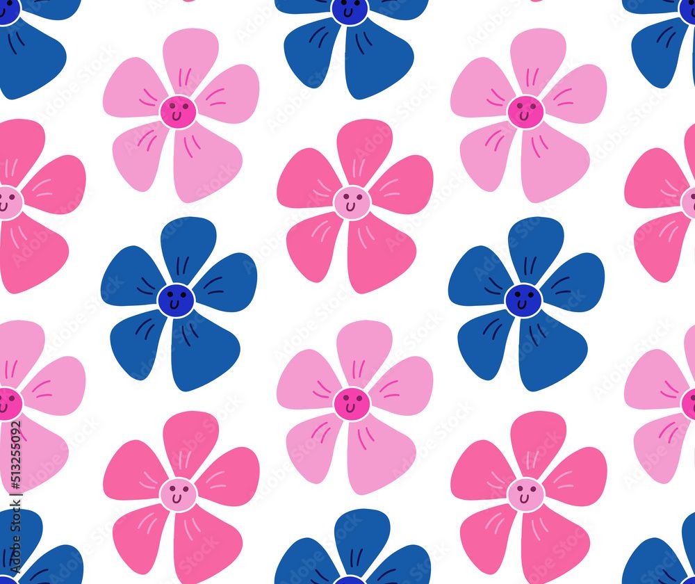 1000x840 Cute y2k floral seamless pattern background with daisy flower smile face. Pink and blue smiling flowers on white backdrop. Print, wallpaper, vector texture. Stock Vector