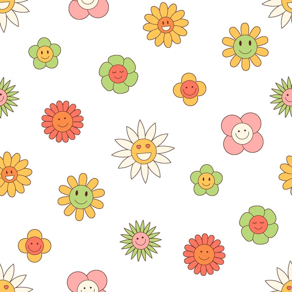 980x980 Groovy seamless retro flower pattern background with cute daisy and happy smile. Colorful y2k graphic style forms playful floral design, ideal as vibrant wallpaper or cheerful decor print. 69415818 Vector Art