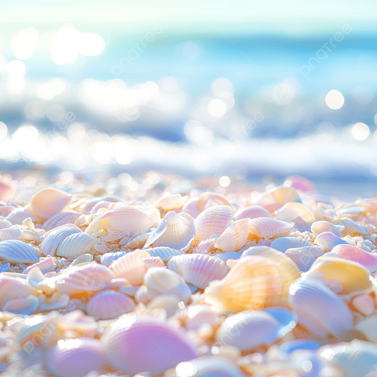 1200x1200 Pastel Colored Seashells On The Beach With Soft Sunlight And Gentle Waves In Background, Seashells, Pastel, Colored Background Image And Wallpaper for Free Download