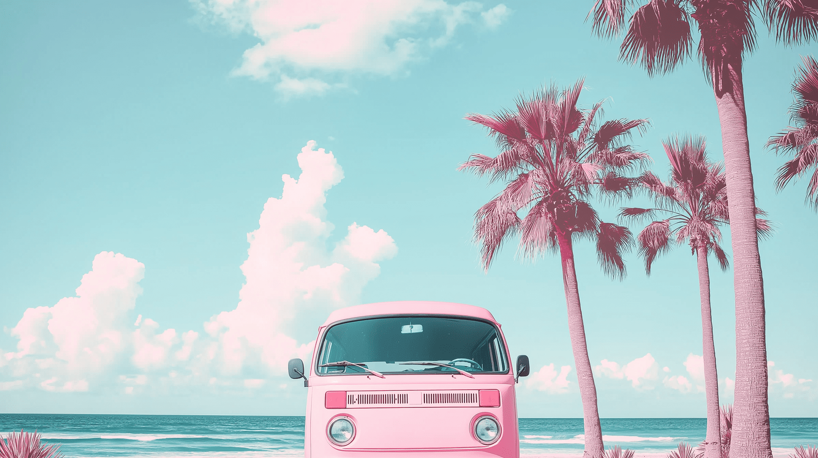 1600x897 Mural Wallpaper van rose. A journey by the sea under a pastel sky