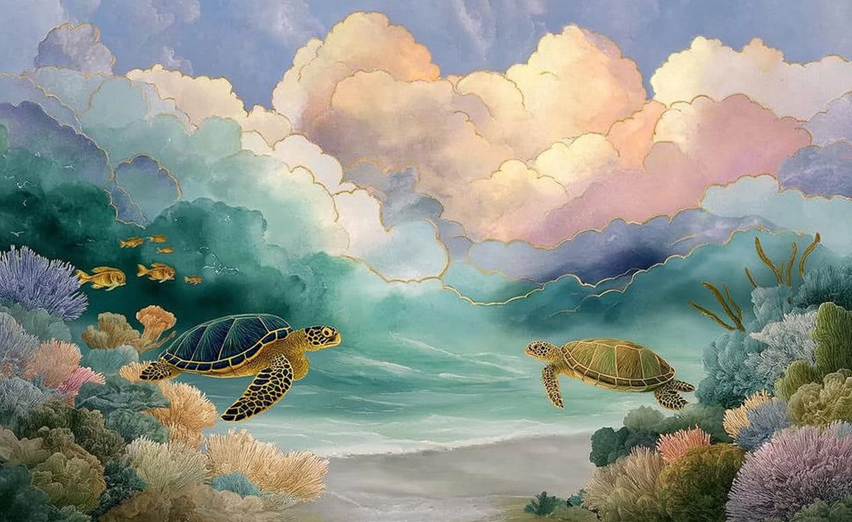 1200x736 Ethereal Sea Turtle Mural Wallpaper. Whimsical Ocean Art