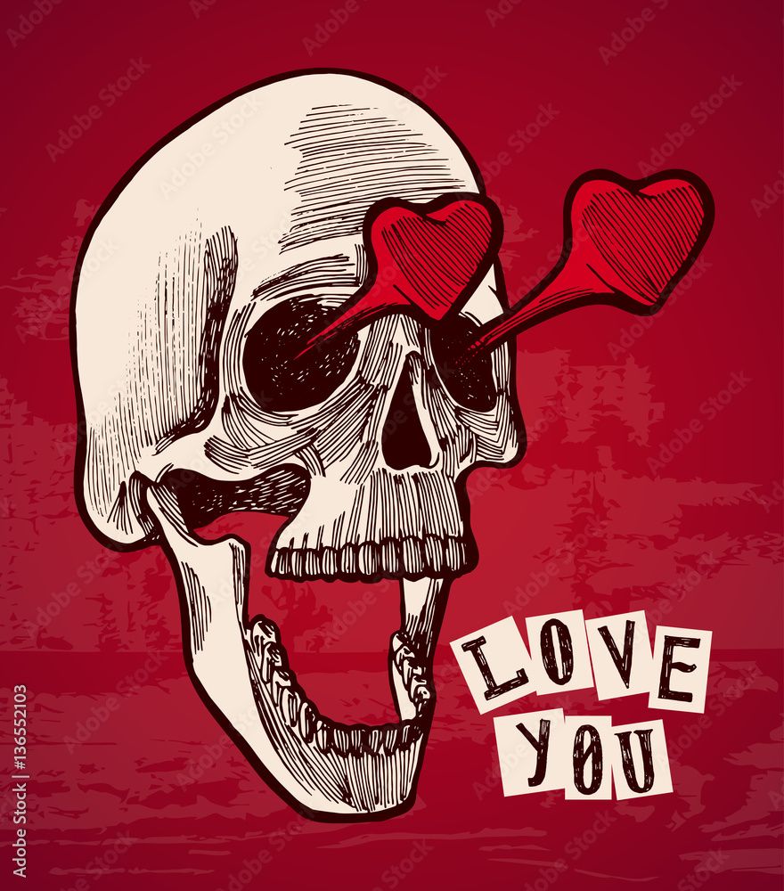 880x1000 valentines card skull with heart shaped eyes on red background Stock Vector