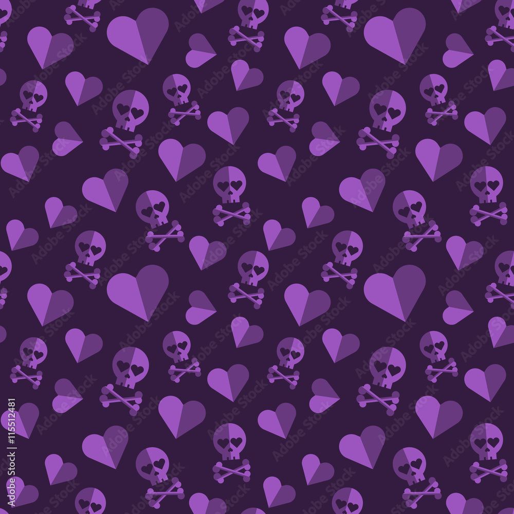 1000x1000 Skulls and hearts seamless pattern on a purple background. Stock Vector