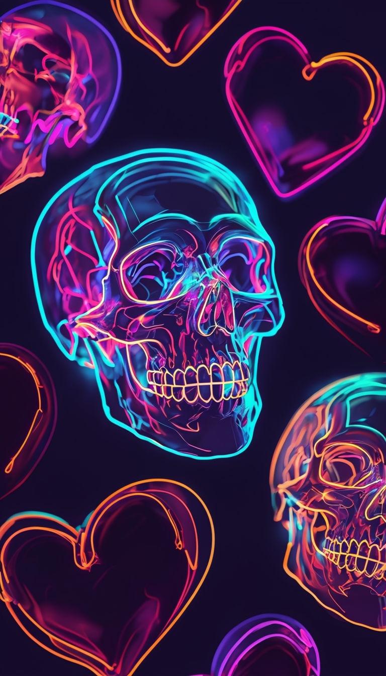 768x1344 Vibrant Neon Skull and Heart Digital Art Mobile Wallpaper