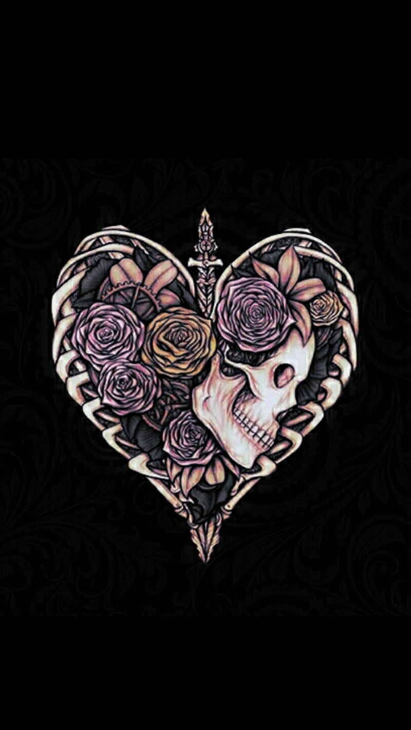 800x1422 Love Always, antique, flower, flowers, heart, corazones, skeleton, skeletons, HD phone wallpaper