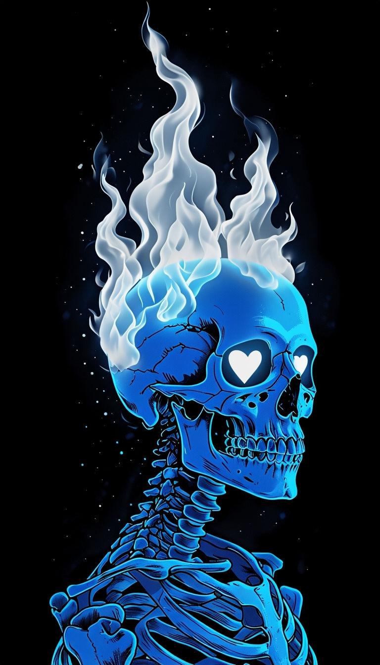 768x1344 Glowing Blue Skeleton with Heart Flames Digital Art Mobile Wallpaper