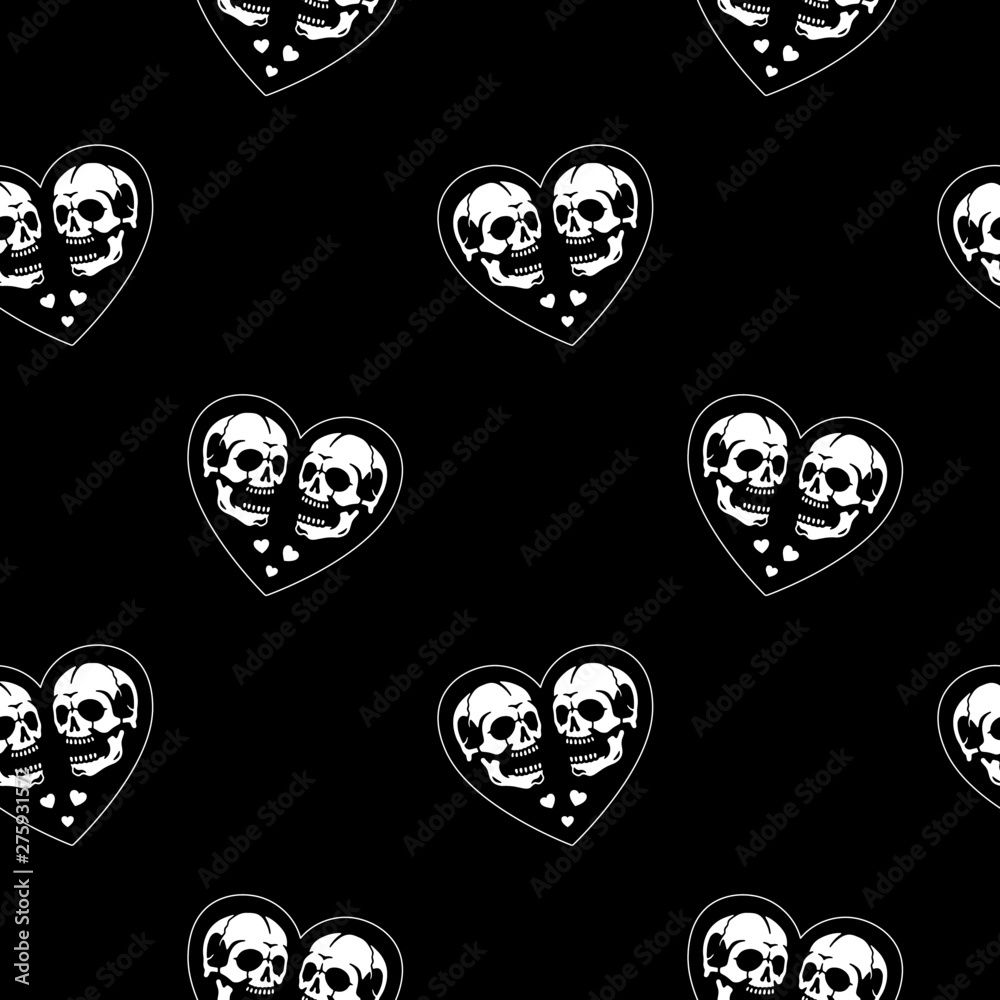 1000x1000 HAPPY VALENTINE'S DAY SKULLS IN HEART WHITE SEAMLESS PATTERN BLACK BACKGROUND Stock Vector