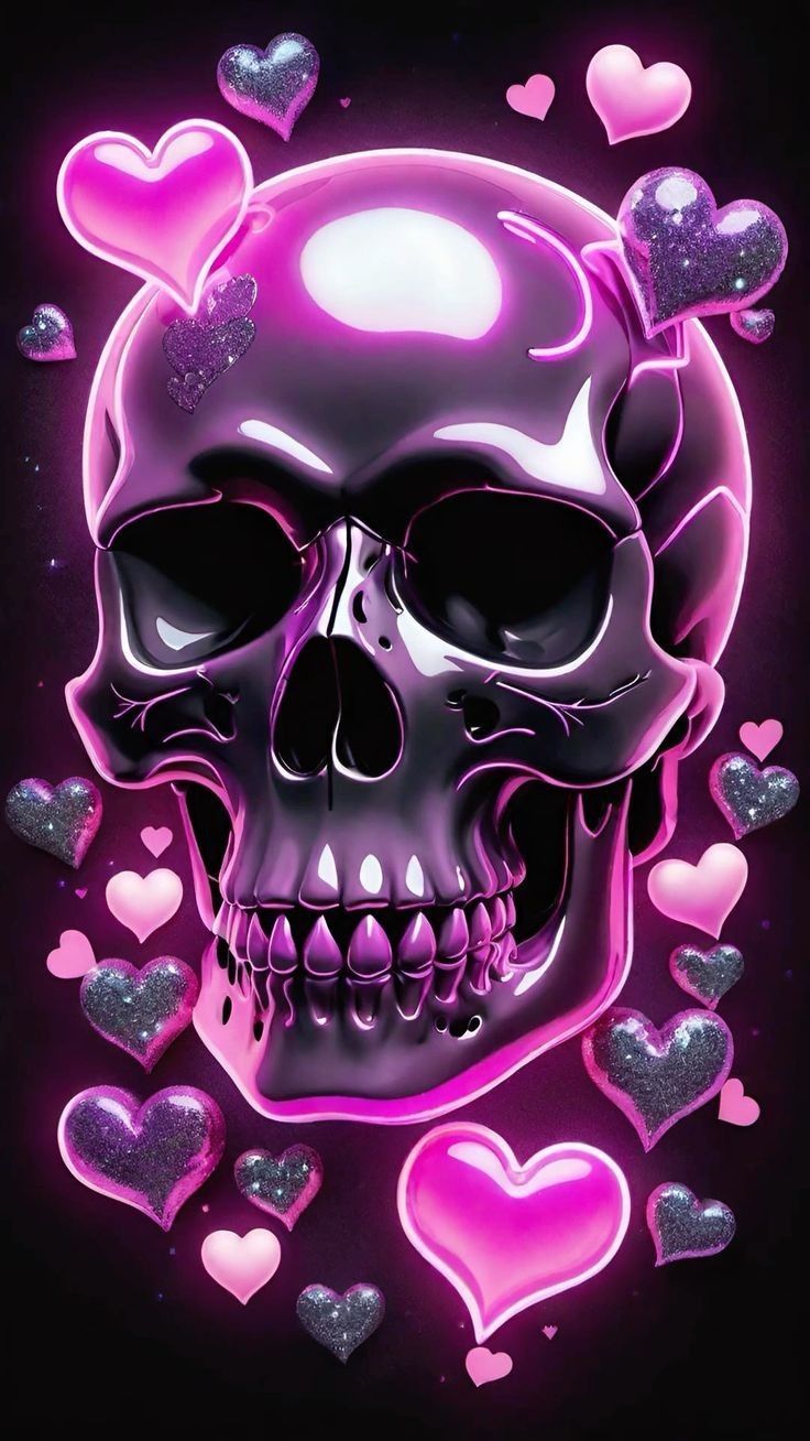 736x1308 Pink Skull with Hearts Wallpaper. Pink skull wallpaper iphone, Purple skull wallpaper iphone, Skulls dark