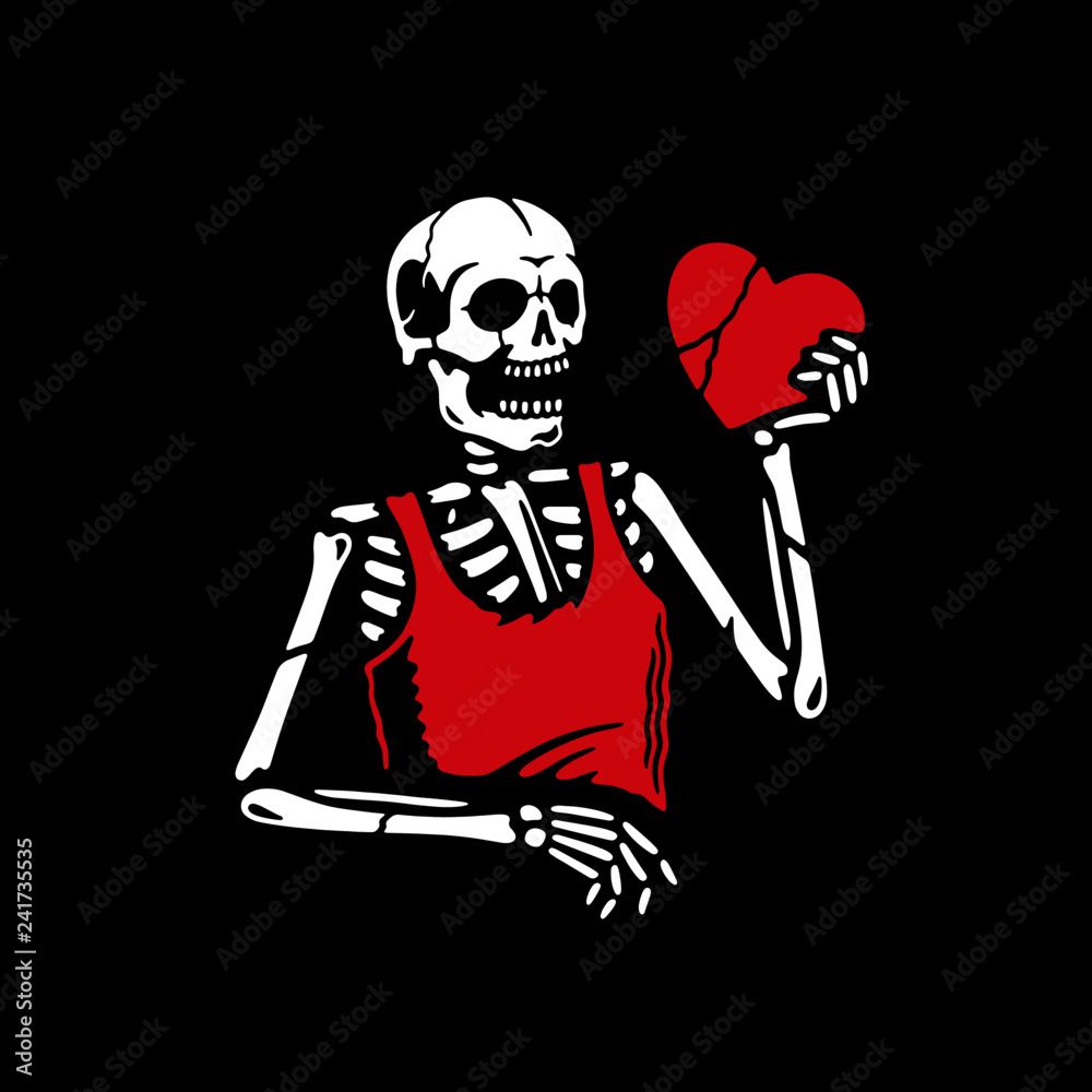 1000x1000 HAPPY VALENTINE'S DAY SKELETON WITH HEART BLACK BACKGROUND Stock Vector