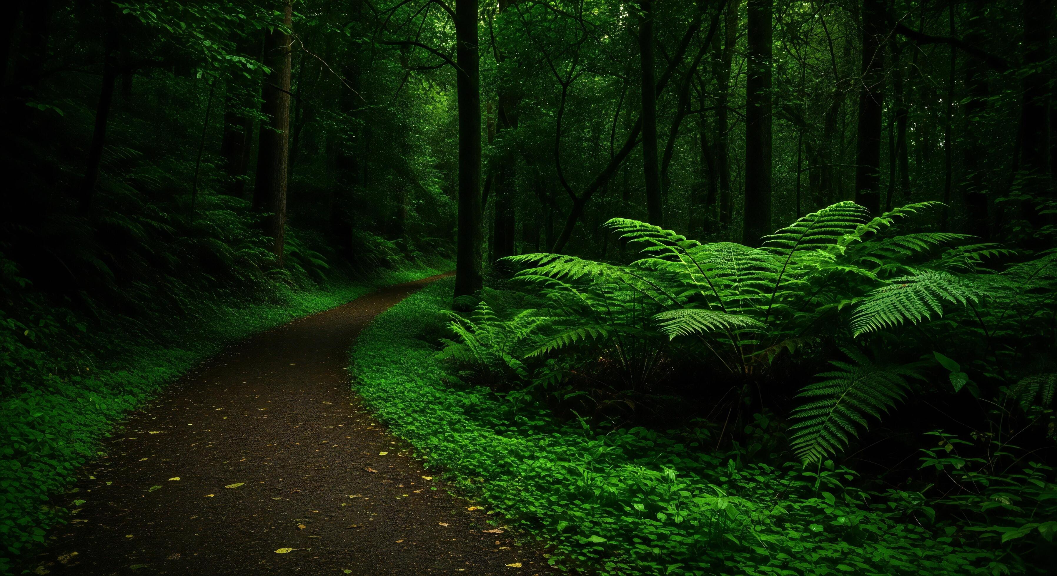 3593x1960 Nature background, Nature wallpaper, A winding dirt path through a lush green temperate rainforest with dense ferns
