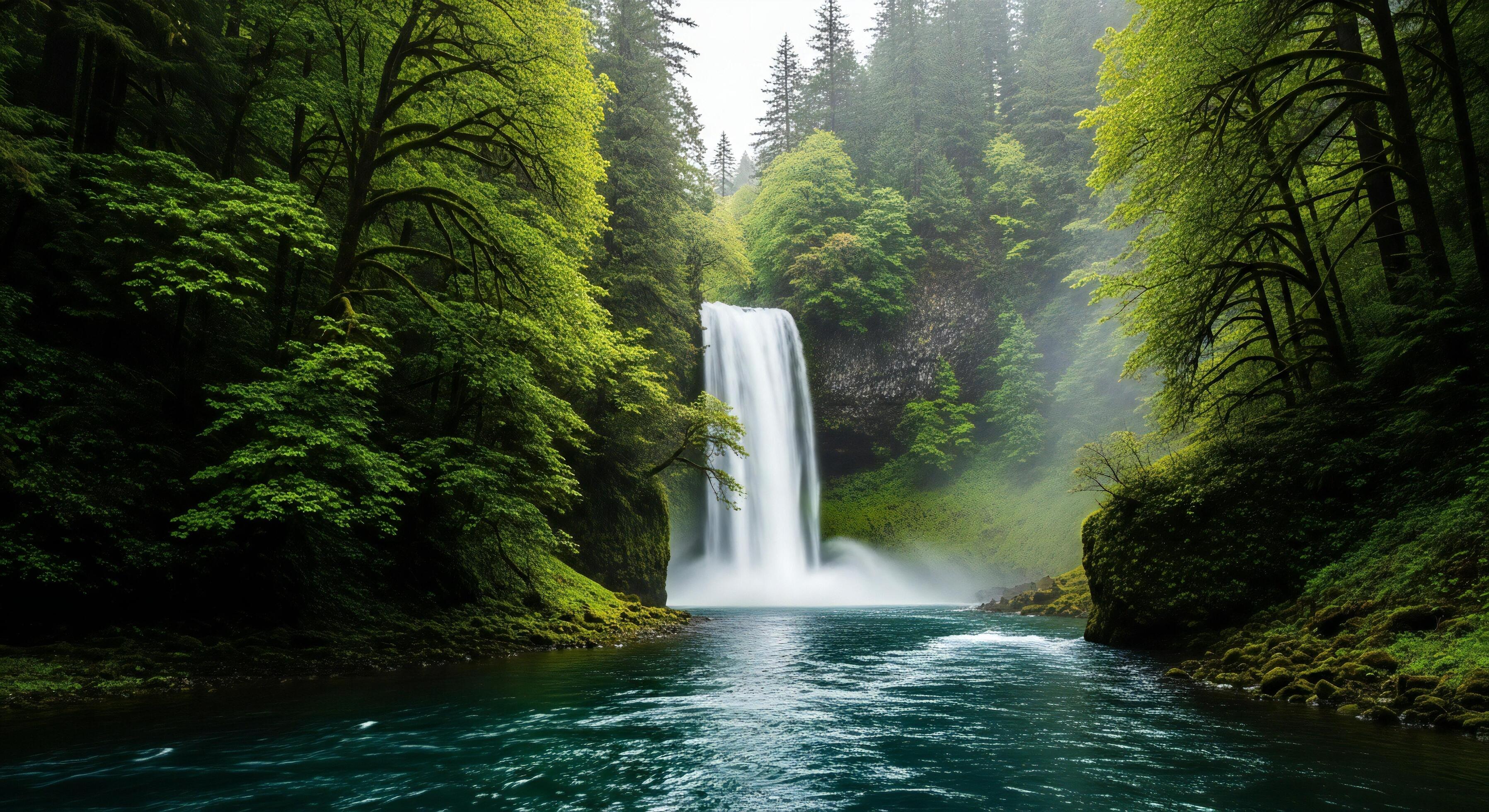 3593x1960 Nature background, Nature wallpaper, Lush green temperate rainforest with a powerful waterfall cascading into a deep blue river