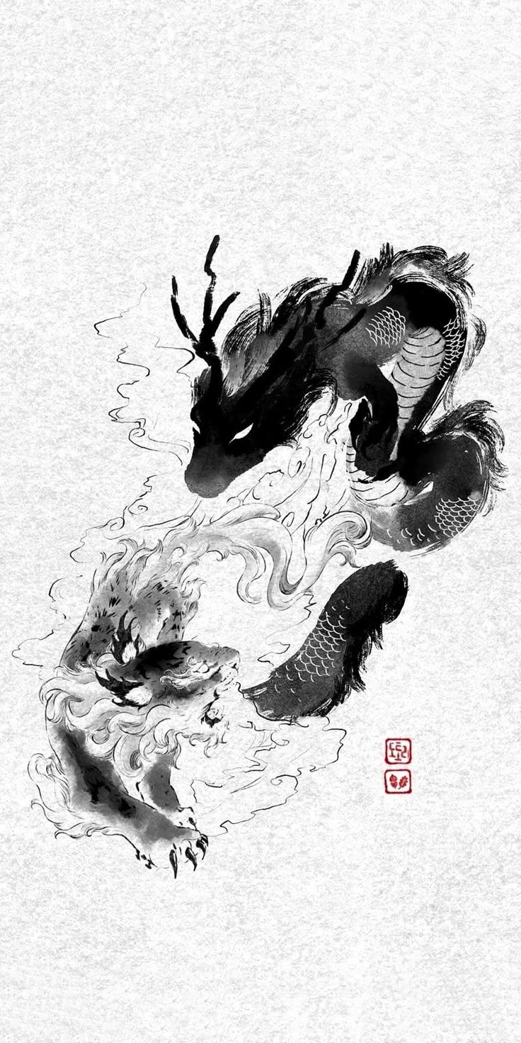736x1472 Minimalist dragon art design. Chinese dragon minimalist, Black ink koi design, Dragon tattoo