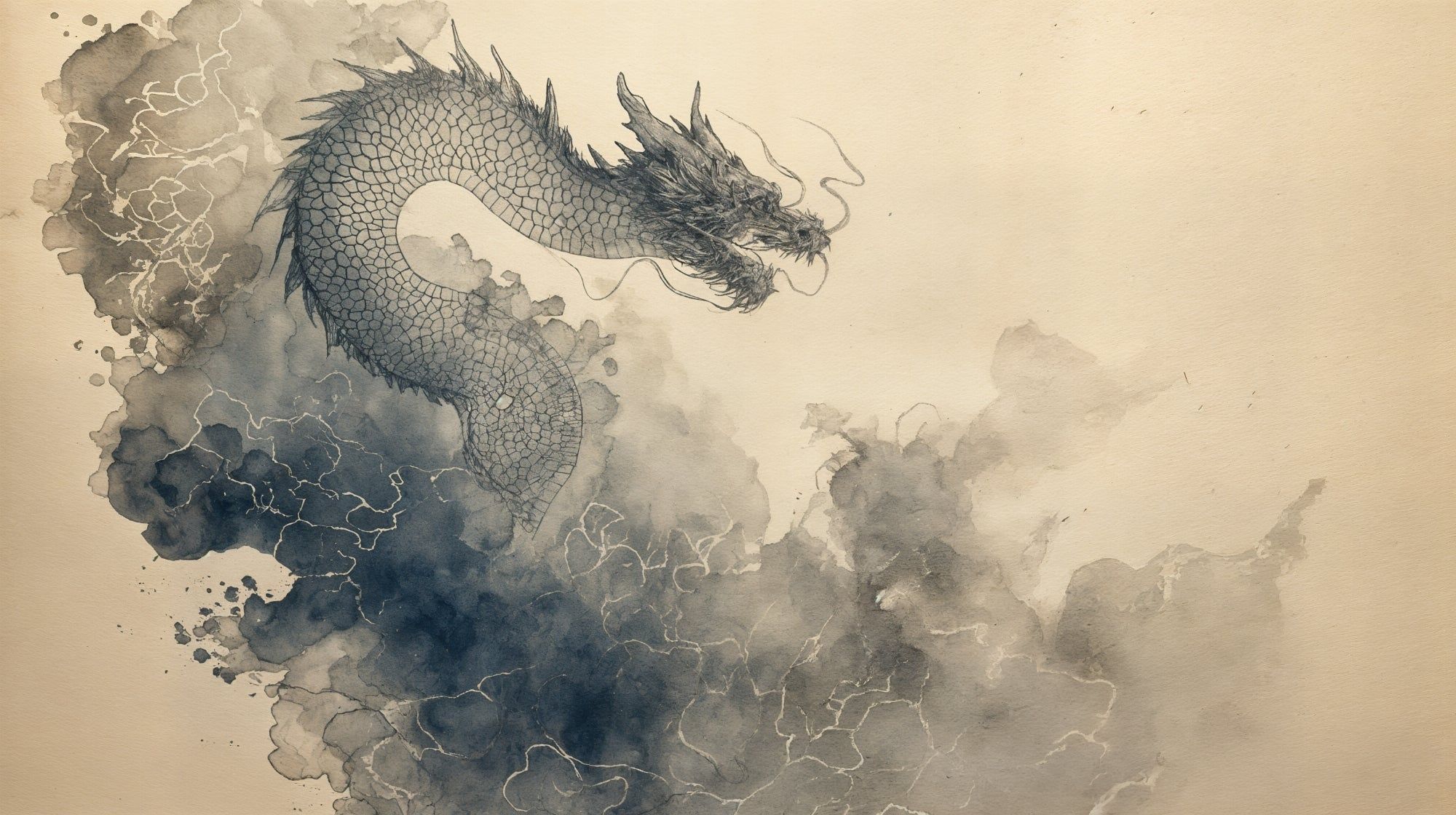 2000x1120 Oriental dragon wallpaper. Delicate ink illustration