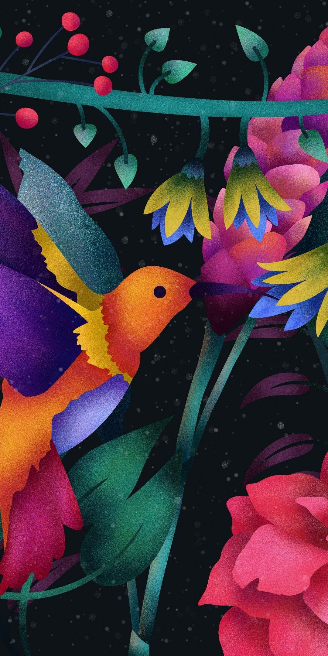 1080x2160 Hummingbird, abstract, colorful, flowers, 1080x2160 wallpaper. Flower art, Art wallpaper, Cute wallpaper background
