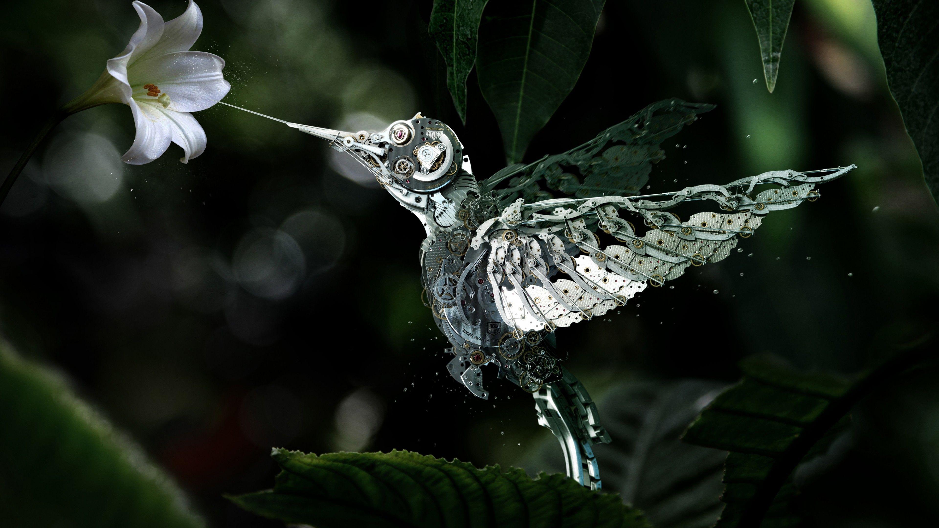 3840x2160 Wallpaper Hummingbird, Сolibri, steampunk, flower, leaves, green, drops, flying, bird, nectar, garden, nature, mechanical, Animals