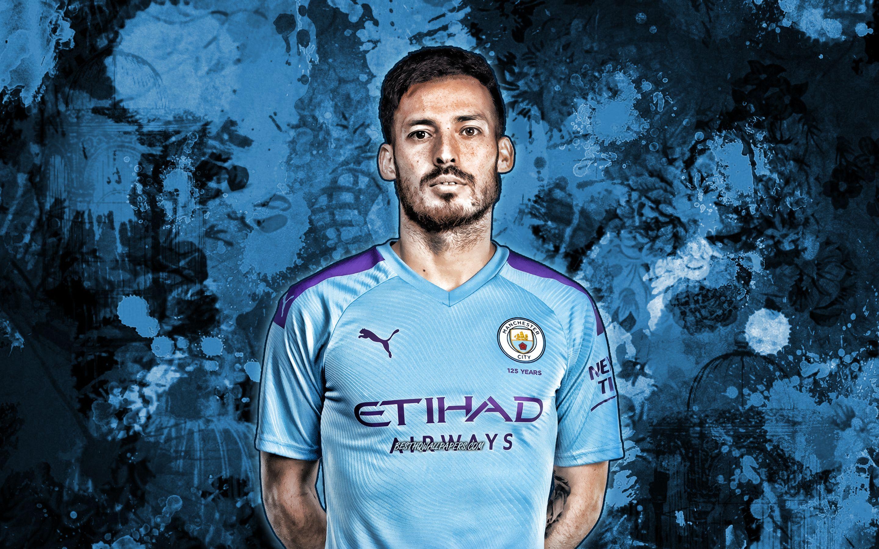 2880x1800 Download wallpaper David Silva, blue paint splashes, spanish footballers, Manchester City FC, grunge art, season 2019- David Josue Jimenez Silva, soccer, Premier League, football, Man City for desktop with resolution 2880x1800. High