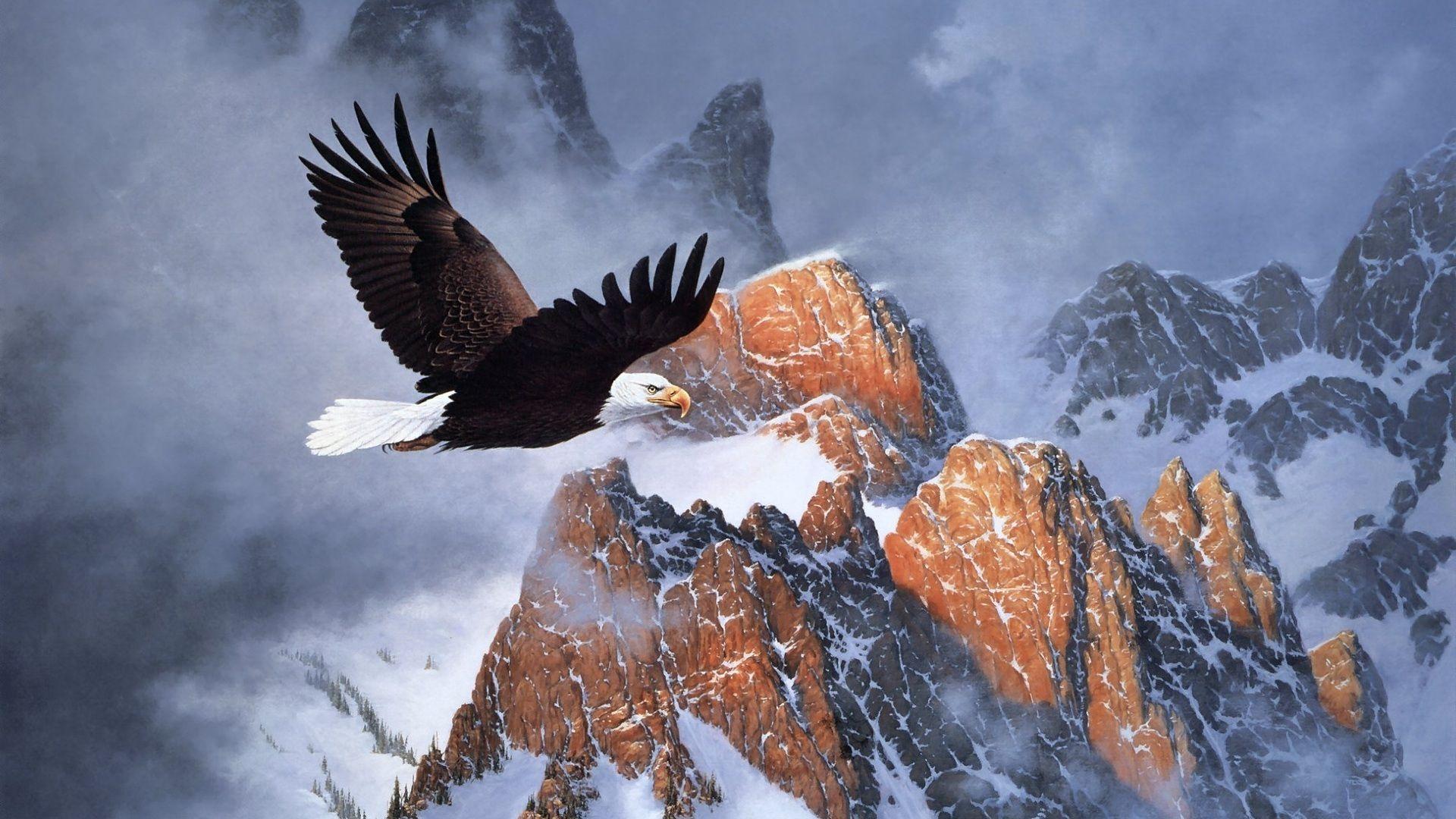 1920x1080 fire on the mountain, eagle, mountains, painting, winter, derk hansen desktop wallpaper 1611