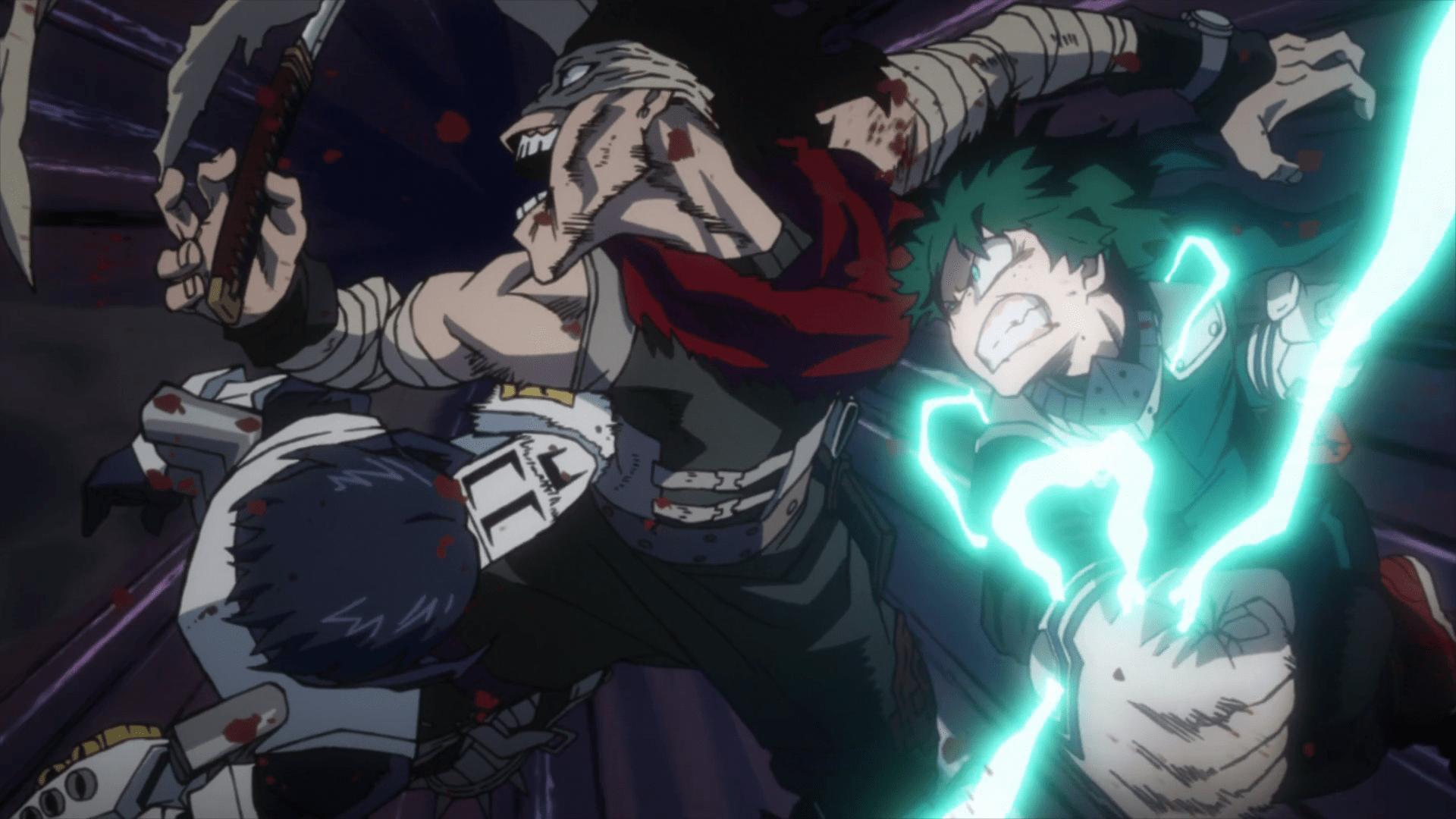 1920x1080 Izuku Midoriya, Tenya Iida & Shoto Todoroki vs. Chizome Akaguro. My Hero Academia