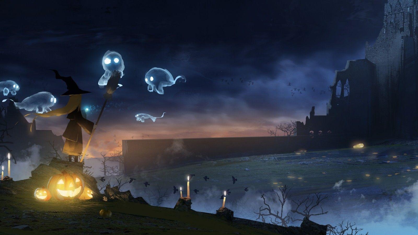 1600x900 Download 1600x900 Anime Girl, Halloween, Ghosts, Witch, Pumpkin, Scary, Night Wallpaper
