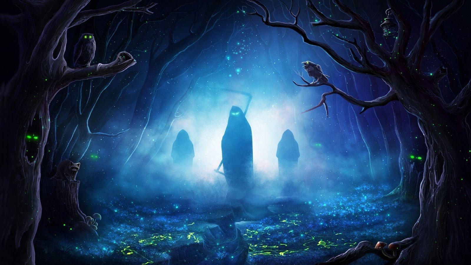 1600x900 Download 1600x900 wallpaper halloween, silhouette, creepy reapers, nightout, forest, art, widescreen 16: widescreen, 1600x900 HD image, background, 20887