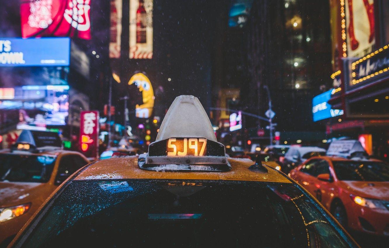 1332x850 Wallpaper winter, glass, drops, snow, lights, street, New York, taxi, Manhattan, cars, night, United States, neon, Times Square image for desktop, section разное