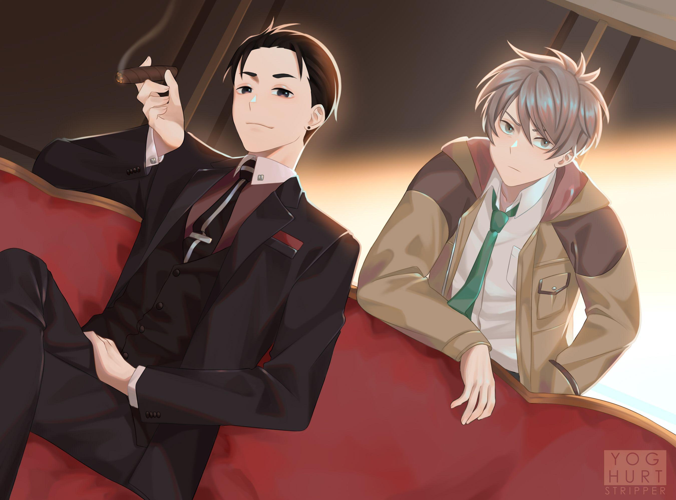 2700x2000 all male black eyes brown hair fugou keiji: balance:unlimited gray eyes gray hair kanbe daisuke katou haru male short hair smoking tie watermark yoghurtstripper. konachan.com.com Anime Wallpaper