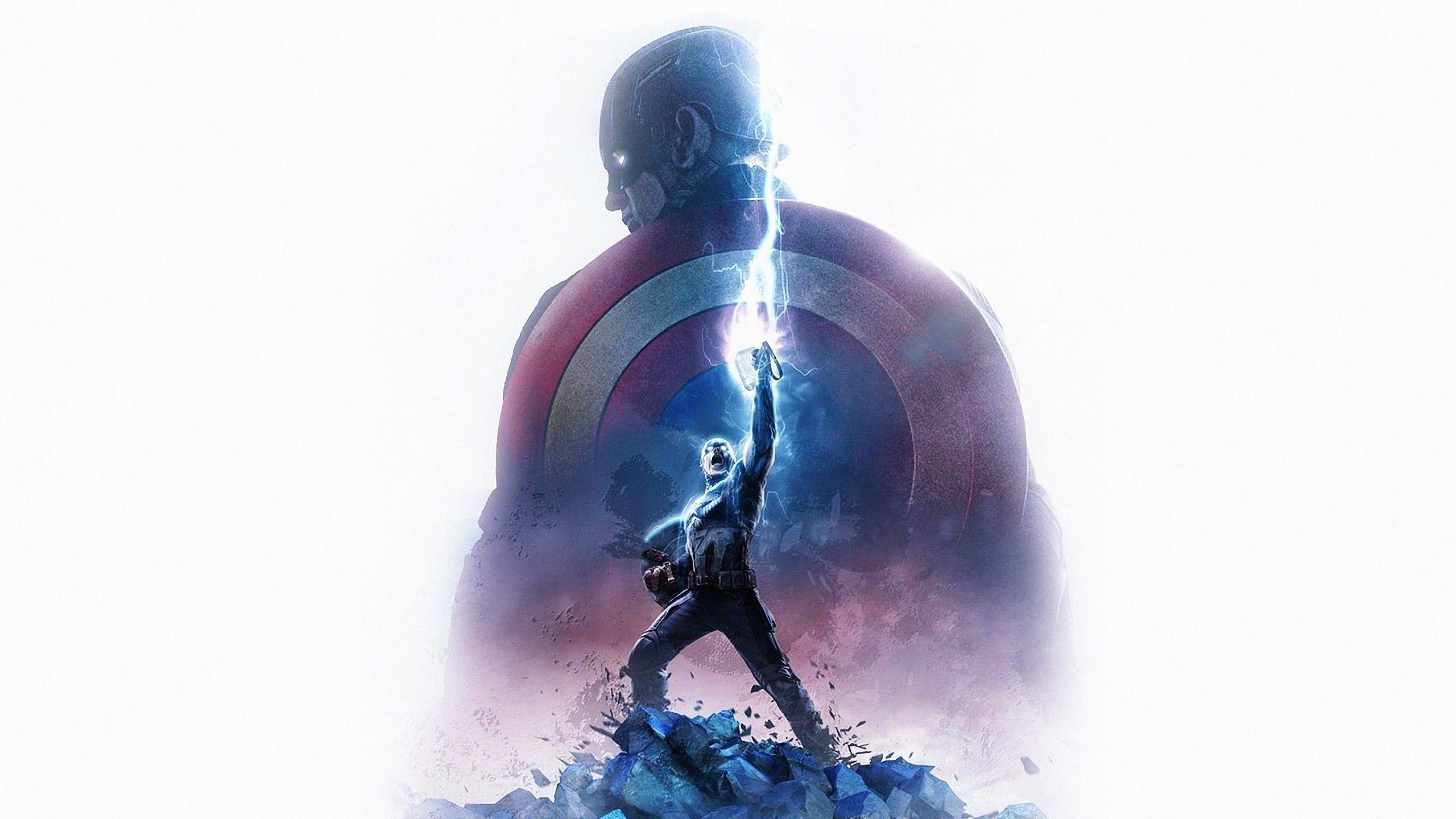 2560x1440 Avengers: Endgame Captain America Thor Hammer Lightning 4K Wallpaper