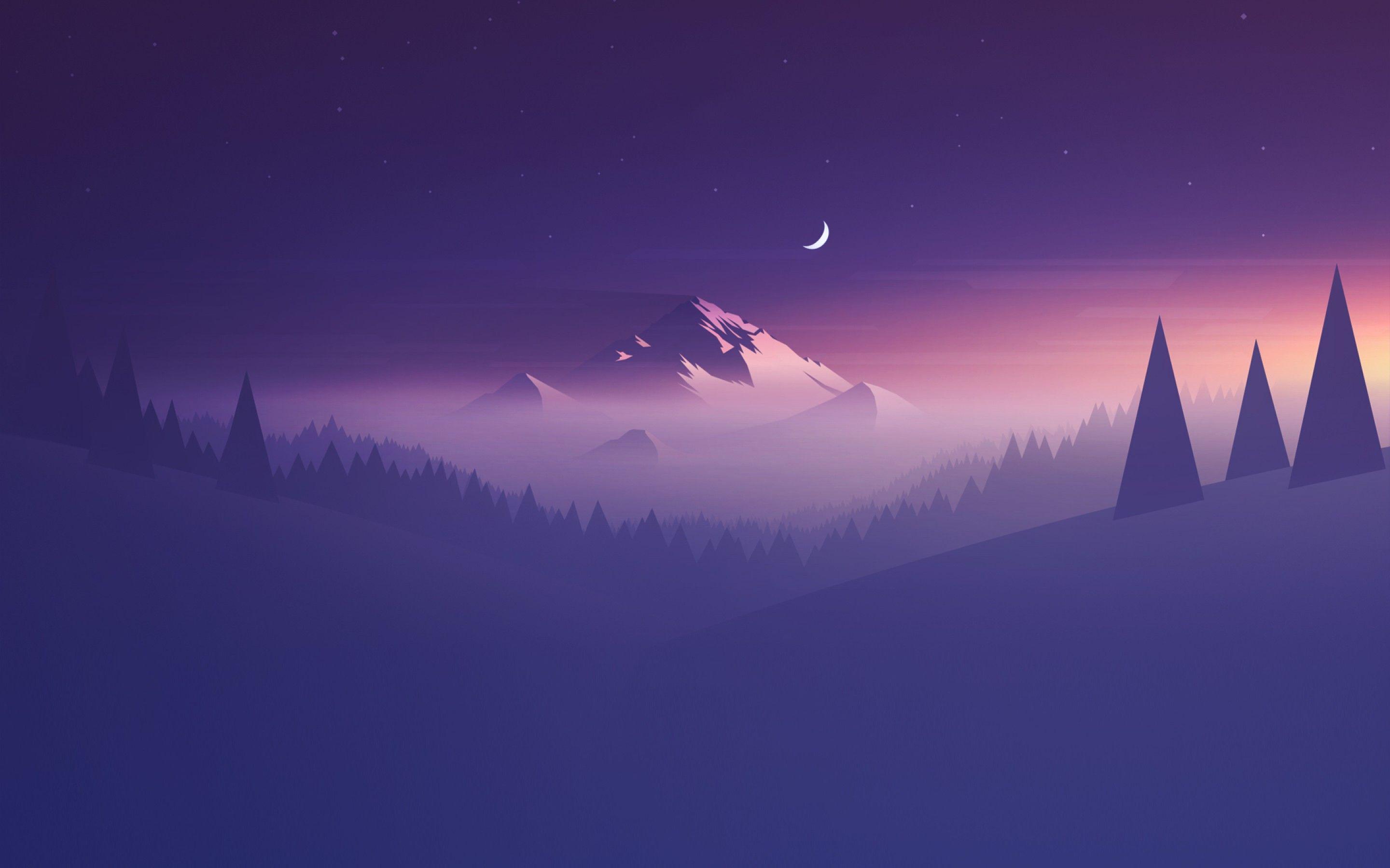 2880x1800 Wallpaper Mountain, Minimal, Half moon, HD, Creative Graphics