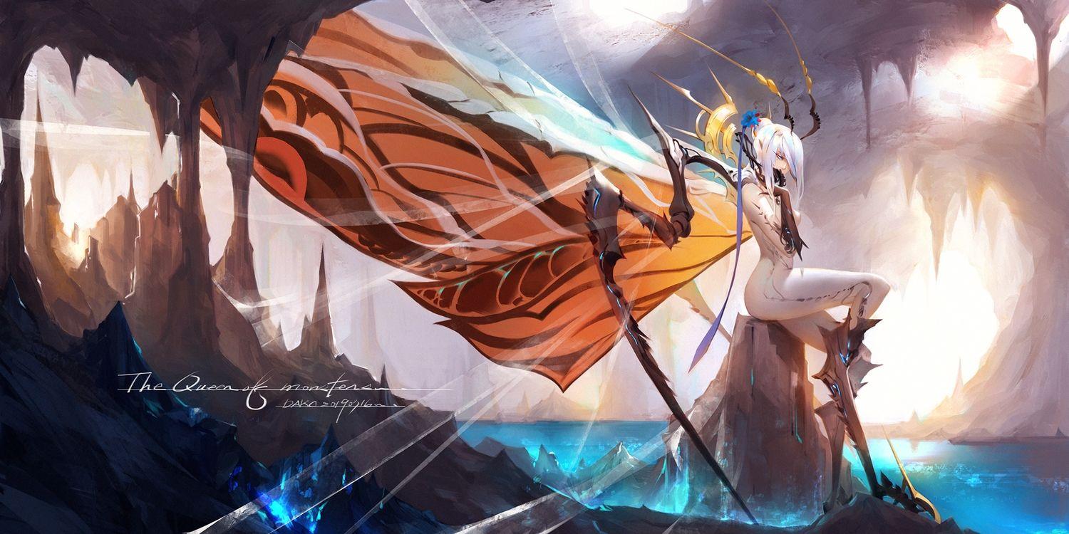 1500x750 anthropomorphism aqua eyes bodysuit dako6995 elbow gloves gloves godzilla (series) headdress mothra original pointed ears short hair signed skintight water white hair wings. konachan.com.com Anime Wallpaper