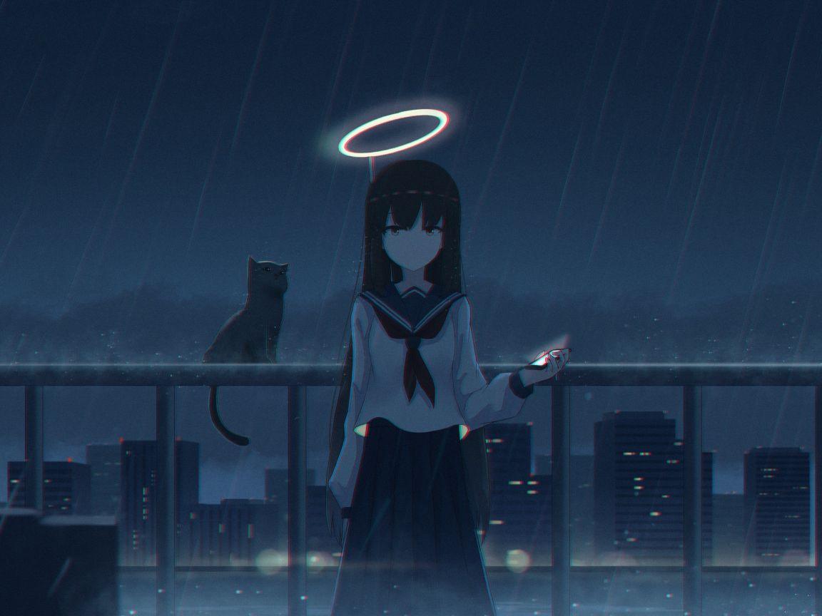 1152x864 4K Girl in the Rain with Cat 1152x864 Resolution Wallpaper, HD Anime 4K Wallpaper, Image, Photo and Background